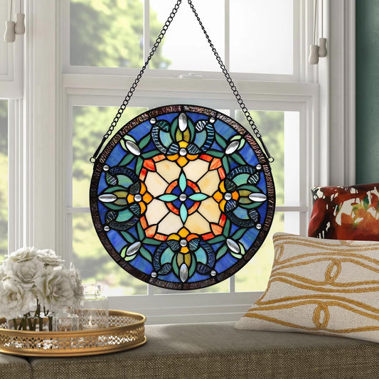 Handcrafted Stained Glass Window Panel - 12-Inch Round Floral Design with Vibrant Colors, Elegant Decorative Hanging Art for Home Décor, Includes 20-Inch Chain & Hook (Blue iris)
