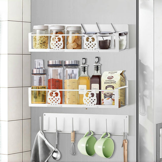 Magnetic Spice Rack,Magnetic Shelf for Fridge,Spice Organizer,Fridge Organizer,Kitchen Storage Organization with Magnetic Hooks,Owl Home Decor(White)