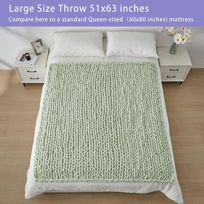 Bigacogo Chunky Knit Throw Blanket for Couch, 51x63 inches, 100% Hand Knitted with Thick Jumbo Chenille Yarn, Cozy Soft Large Rope Knot Cable Crochet Blankets for Sofa Bed Living Room, Sage Green