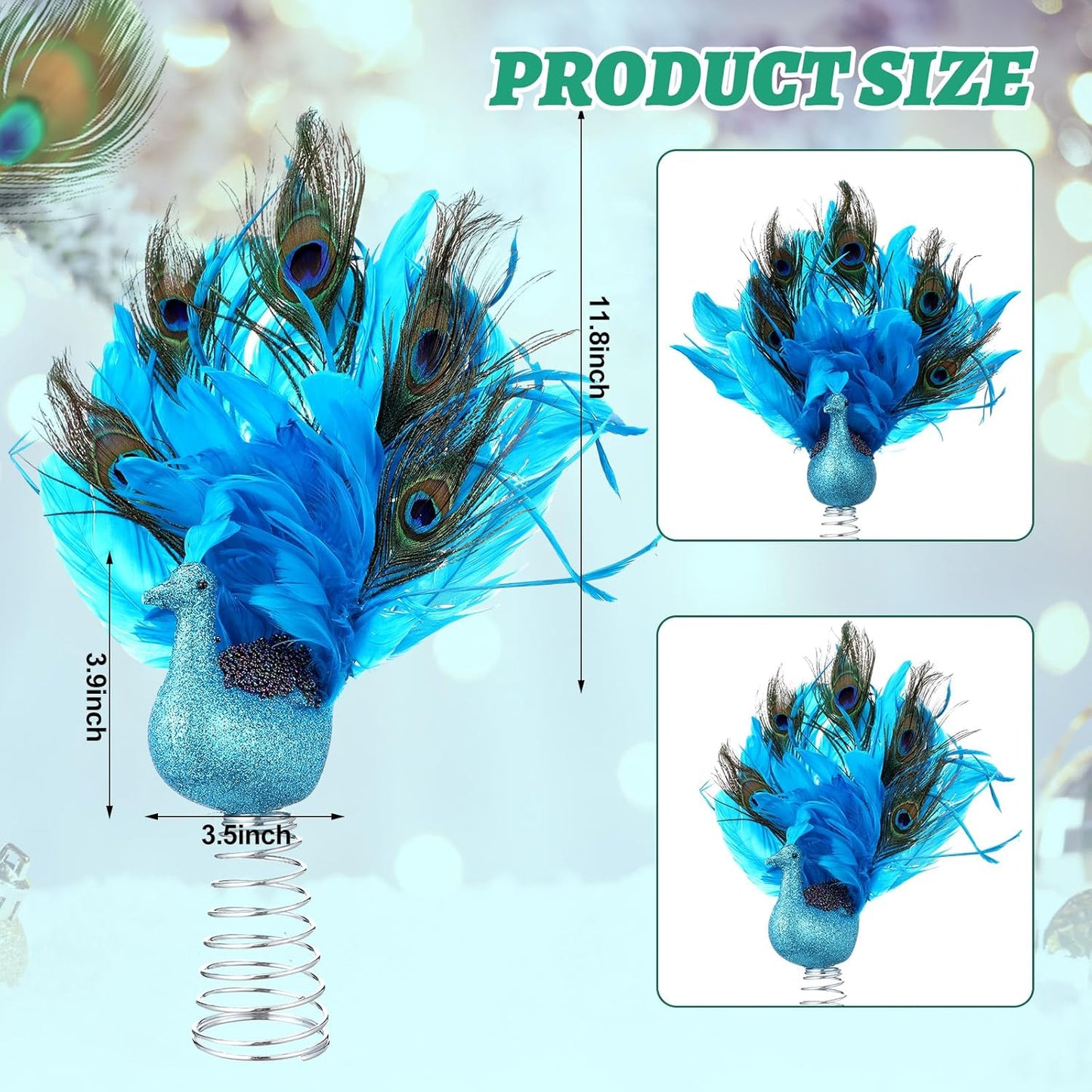 Retisee 15-Inch Christmas Peacock Tree Topper - Artificial Feather Glitter Blue Ornament for Indoor Outdoor Tree Home Decor