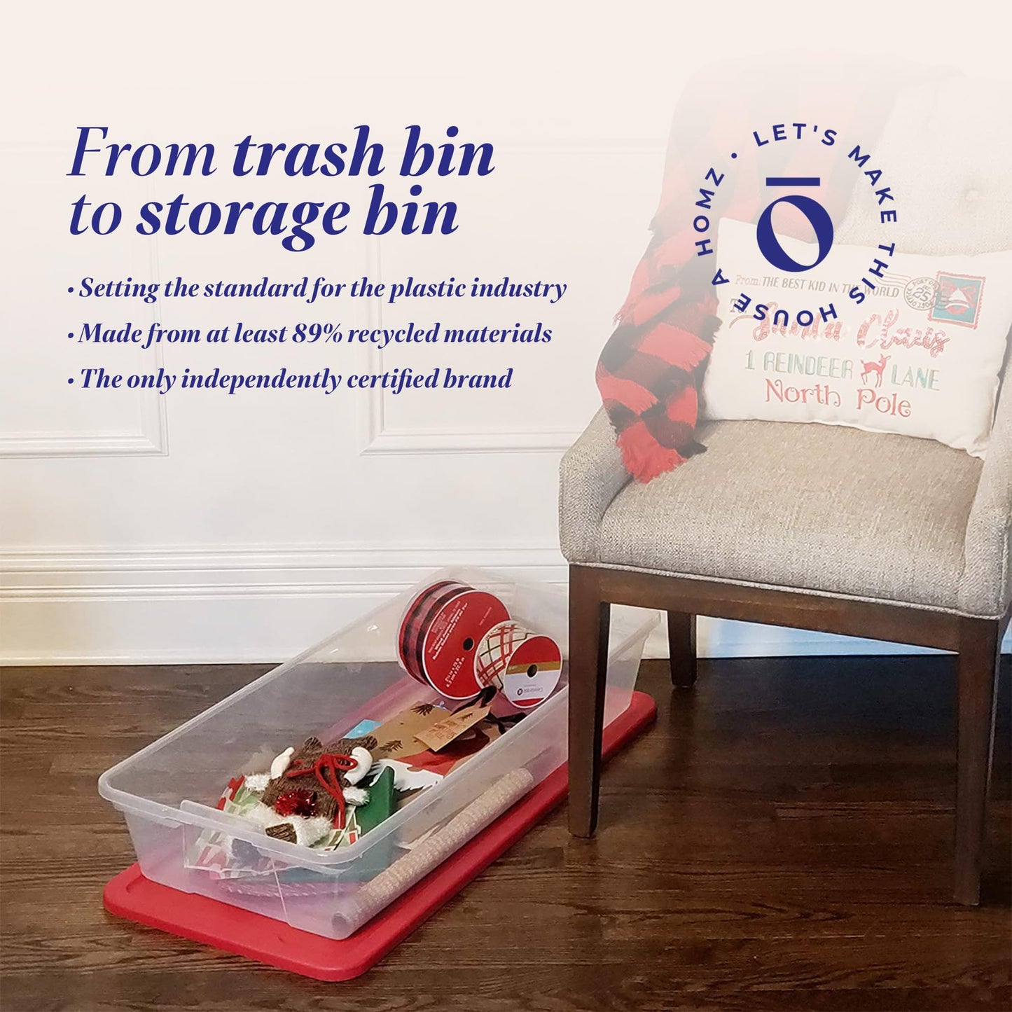 HOMZ 2-Pack Holiday Tote, Clear Plastic Storage Organizer Bins with Lids, 41 Quart, Red - Stackable