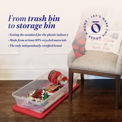 HOMZ 2-Pack Holiday Tote, Clear Plastic Storage Organizer Bins with Lids, 41 Quart, Red - Stackable