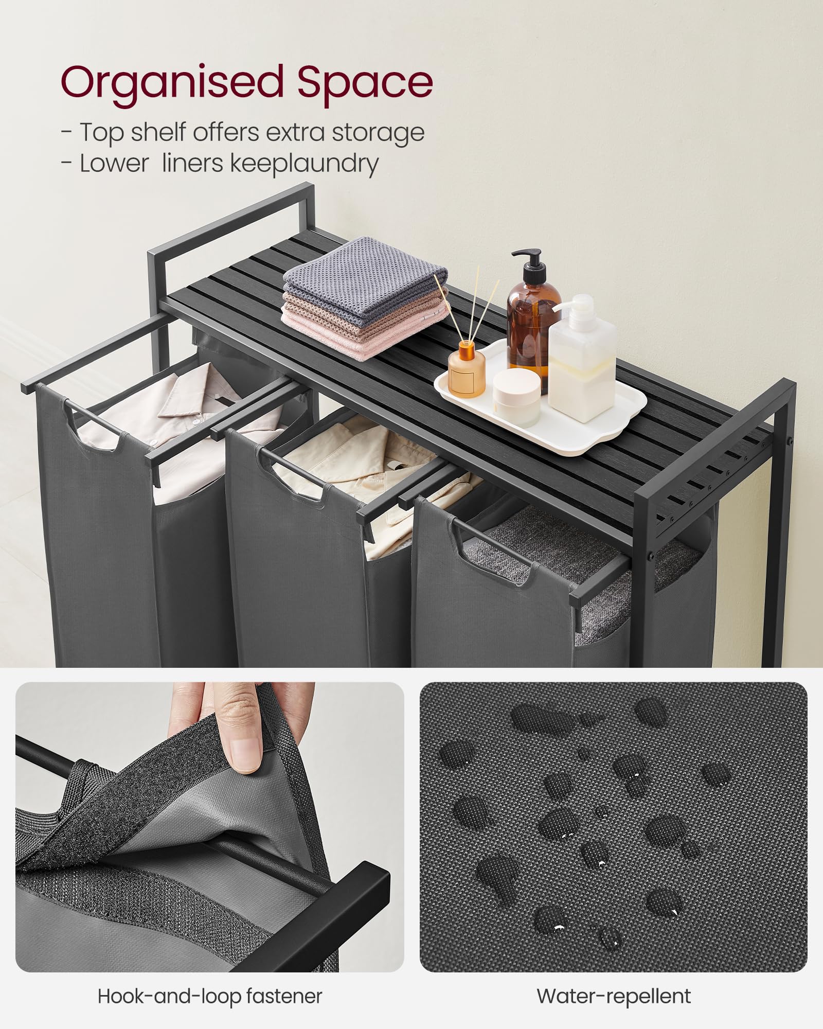 VASAGLE Laundry Hamper, Laundry Basket, Laundry Sorter with 3 Pull-Out and Removable Bags, Shelf