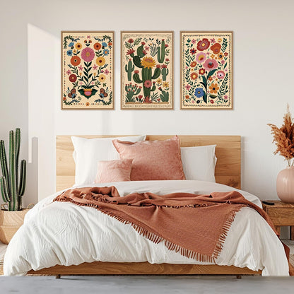 HLNIUC Vintage Flower Framed Canvas Wall Art,Colorful Desert Cactus Flower Wall Decor Set of 3(16”x24”)Boho Botanical Floral Butterfly Wall Painting,Large Desert Plant Art Print for Living Room,Office