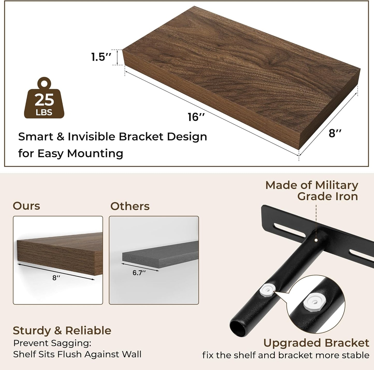 RICHFOCUS 16Inch Floating Shelves for Wall 2 Pack Shelves for Bedroom|Kitchen|Bathroom Wall Mounted Rustic Wood Floating Shelf with Invisible Brackets for Books|Storage|Decor, Walnut