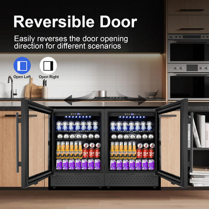 24 Inch Beverage Refrigerator, 5.2 Cu. Ft. Drink Refrigerator with Glass Door, 200 Cans Under Counter & Freestanding Drink Fridge, Reversible Door, Built-In Beverage Cooler for Kitchen, Bar or Office.