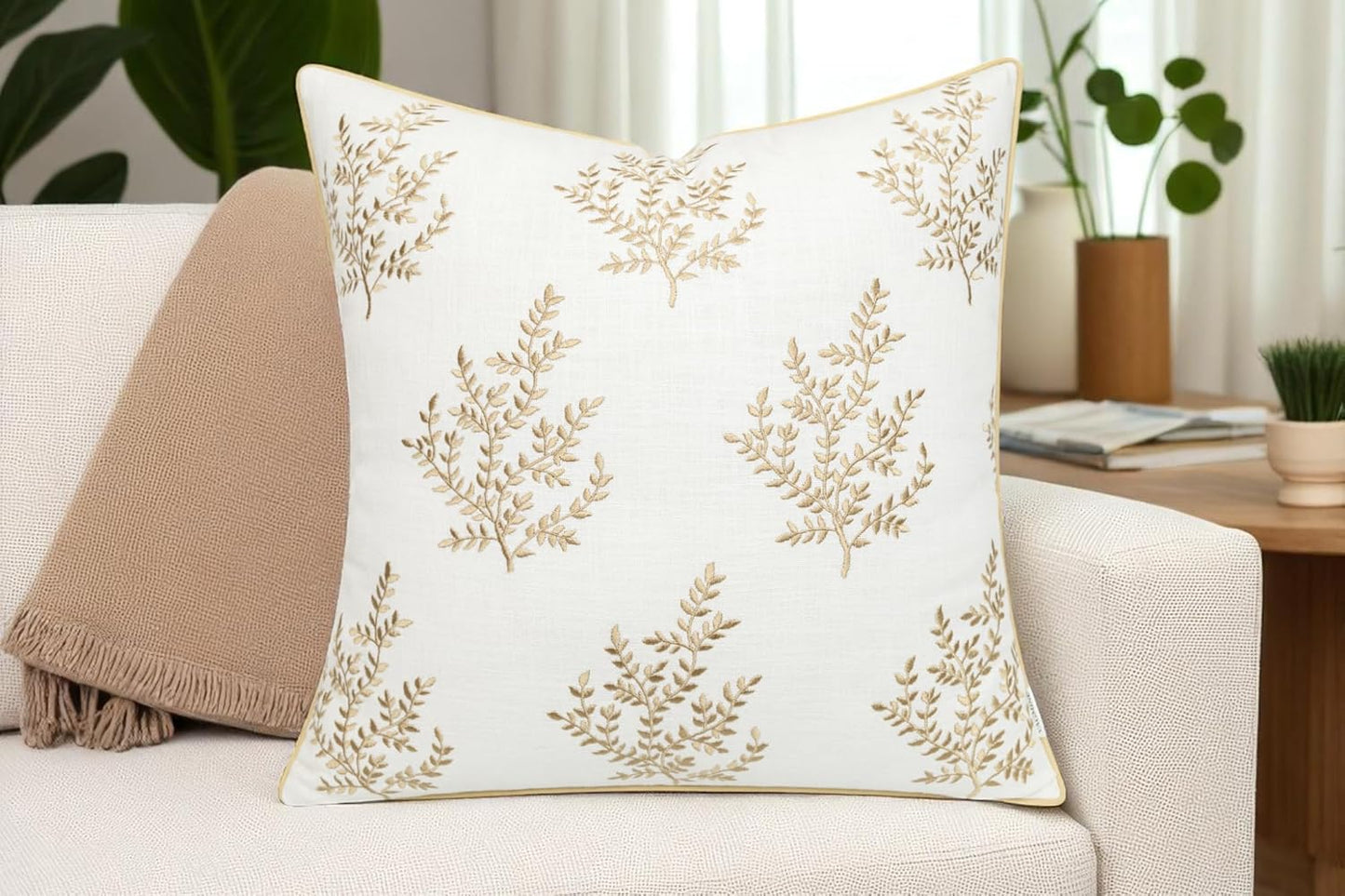 VAGMINE Embroidered Leaves Throw Pillow Cover - 18x18 Inches Square - 100% Cotton Ivory Decorative Cushion Cover - Minimalistic Pattern - Soft Neutral Accent for Sofa, Bed, Couch, Farmhouse Décor