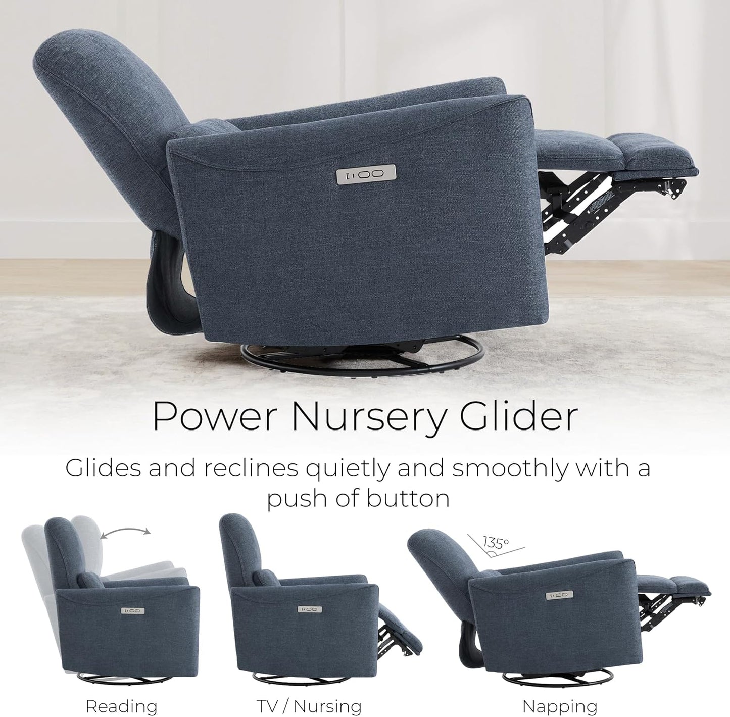 CHITA Power Recliner Chair Swivel Glider, FSC Certified Upholstered Fabric Living Room Nursery Reclining Sofa Chair with Lumbar Support, Ink Blue
