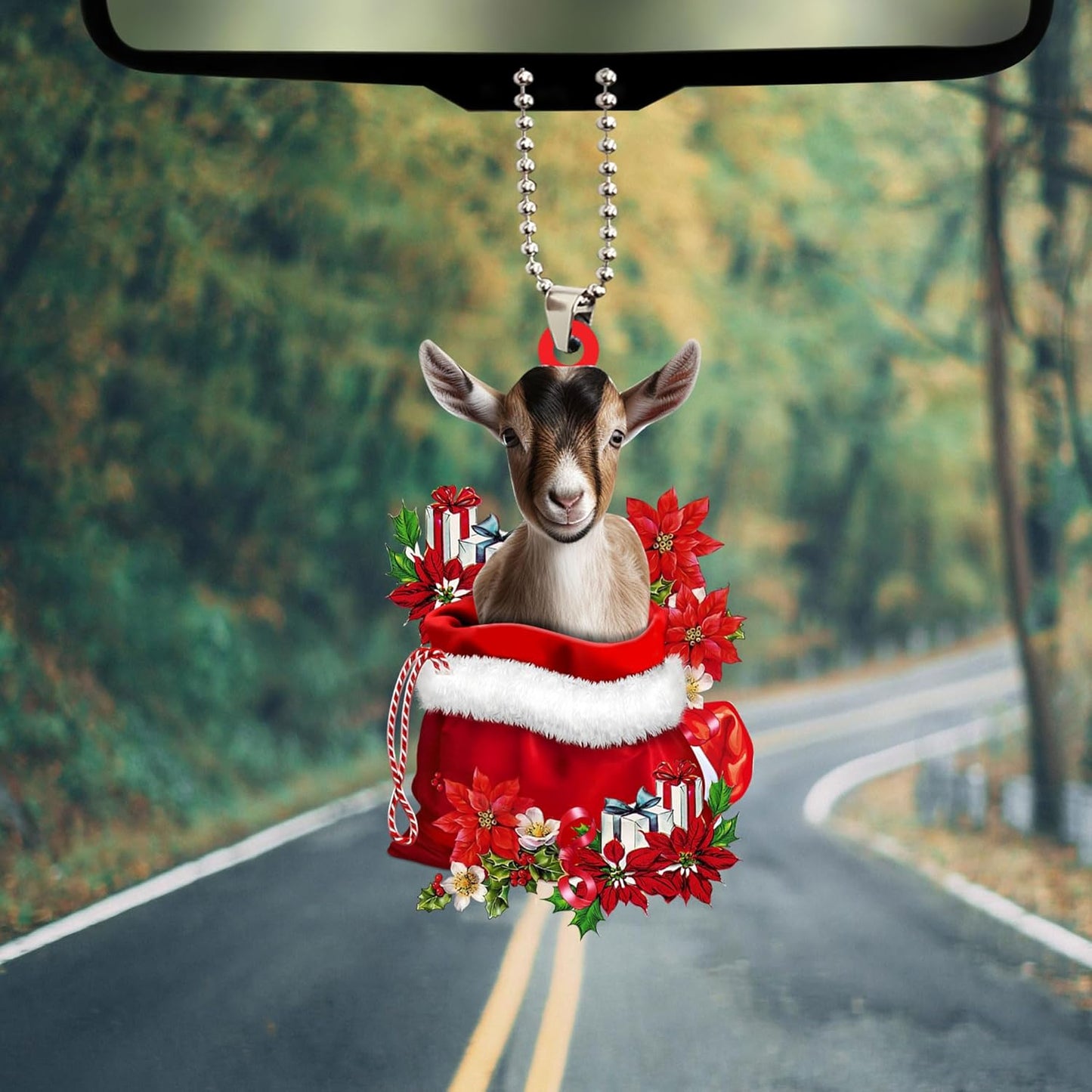 Talataca Goat 2D Flat Christmas Ornament, Goat in Red Santa Gift Bag Pine Tree Decor, Hanging House Charm Eve Keepsake, Car Rear View Mirror Accessories, Xmas Gift