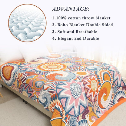 Snycler Boho Throw Blanket for Bed - 100% Cotton Ultra Soft Rustic Quilt Fall Blanket - Orange Floral Printed Farmhouse Decor Bed Blankets, 80"×90" All Season Rustic Throw for Sofa Couch Chair