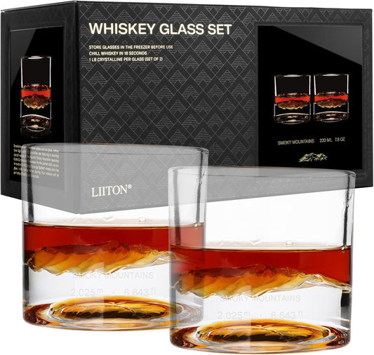 Smoky Mountain Heavy Crystal Whiskey Glasses Gift Set of 2, Thick Freezable Bourbon Glass 1lb Each