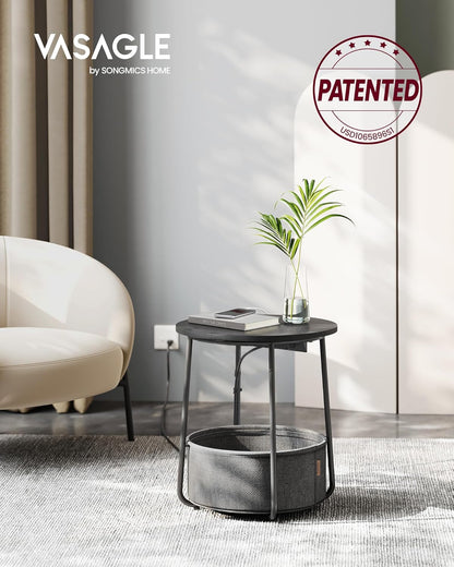VASAGLE Side Table with Charging Station, Round End Table with Fabric Basket, Nightstand with Power Outlets, USB Ports, for Living Room, Bedroom, Modern, Ebony Black and Slate Gray ULET228B01