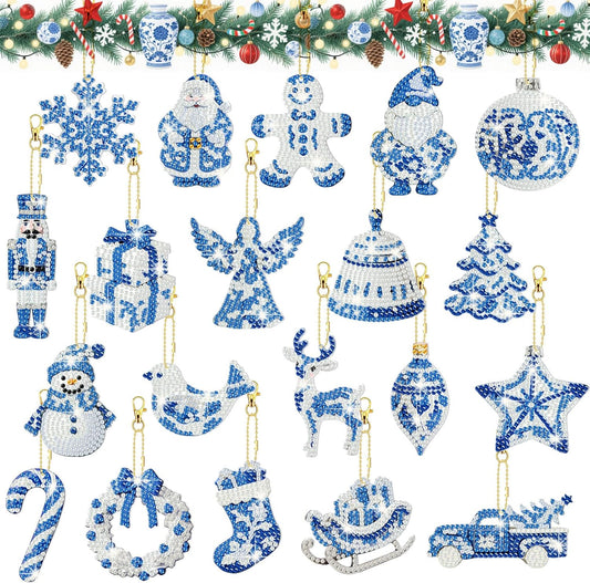 Tondiamo 20 Pcs Christmas Diamond Painting Keychain Kits 5D DIY Diamond Art Pendants Double Sided Hanging Key Chains for Christmas Party Decoration DIY(Blue and White Porcelain)