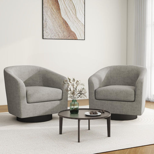 Swivel Barrel Accent Chair Set of 2, Modern Round Linen Arm Chair for Living Room, Bedroom, Comfy