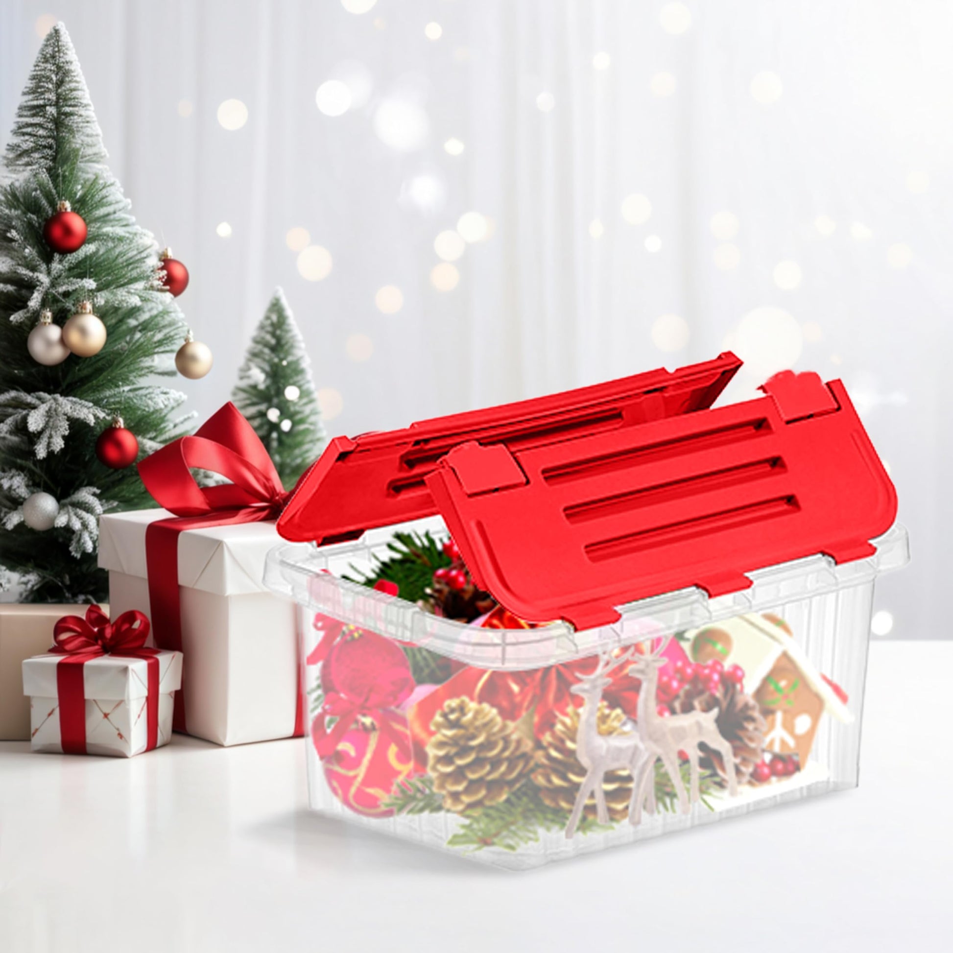 Superio Red Storage Box with Red Hinged Lids, Plastic Container Bins for Organizing with Attached