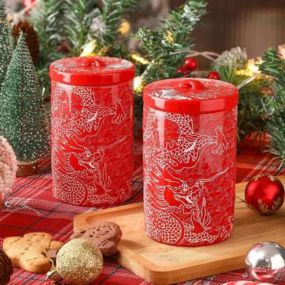 Porlien Chinese Dragon Porcelain 15-ounce Canisters Set of 2, Food Storage Containers with Lid for Coffee Beans, Tea, Condiments & Nuts