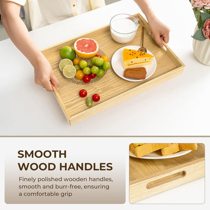 Axeman Wooden Serving Tray with Wood Handles|Ottoman Tray for Breakfast, Bed, Couch|17x12in Ash Wood Coffee Table Trays|Food Drinks Decorative Storage Boards for Ottoman Kitchen, Natural