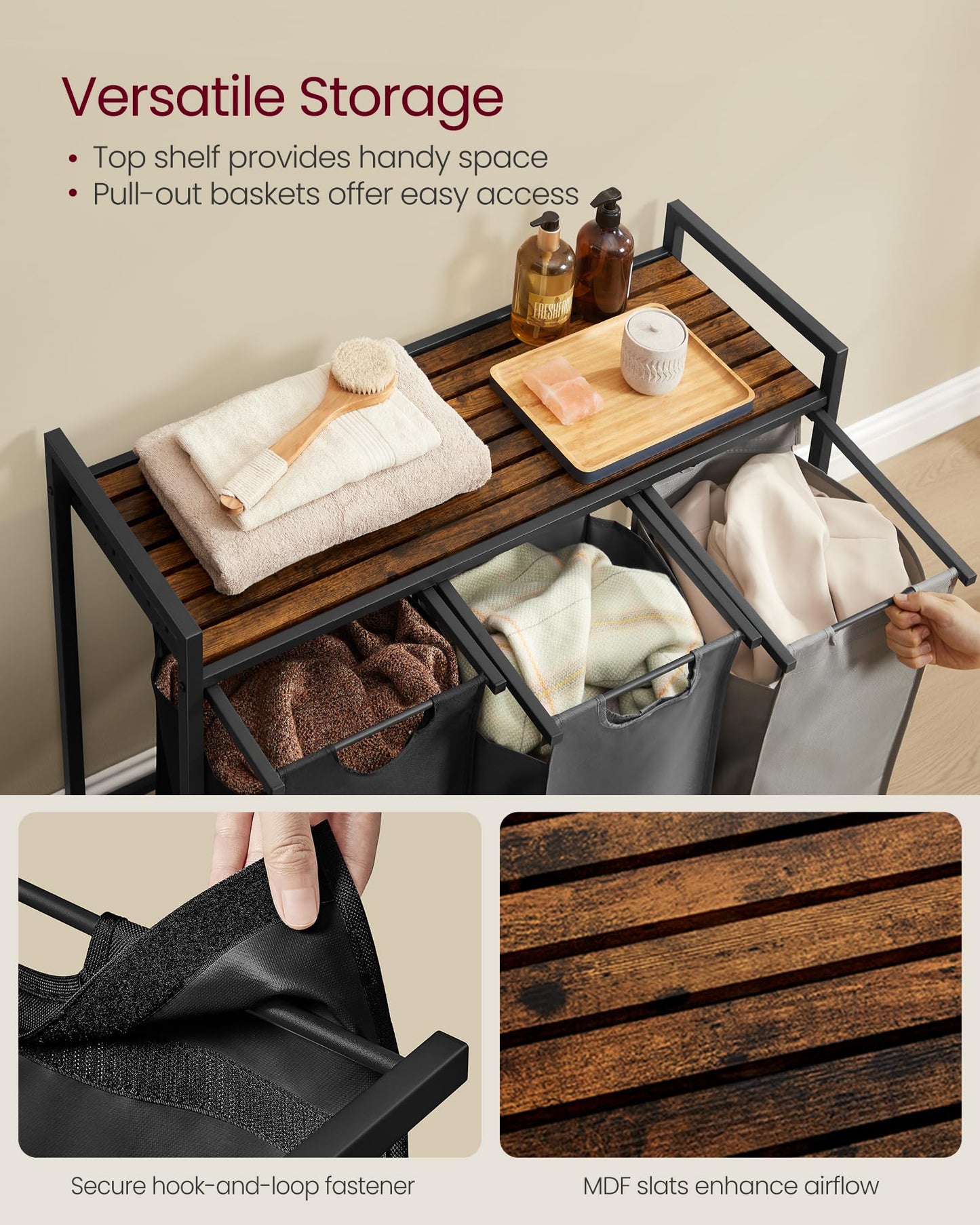 VASAGLE Laundry Hamper, Laundry Basket, Laundry Sorter with 3 Pull-Out and Removable Bags, Shelf