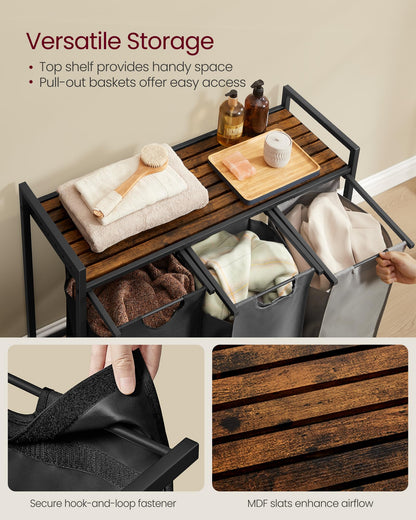 VASAGLE Laundry Hamper, Laundry Basket, Laundry Sorter with 3 Pull-Out and Removable Bags, Shelf