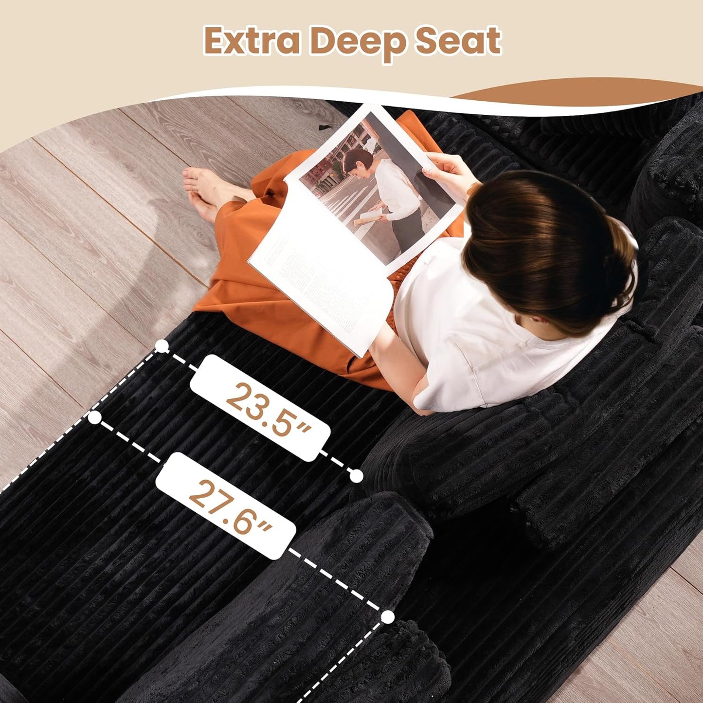 HOOOWOOO Cloud Sectional Couches for Living Room,Modular Sectional Sofa No Assembly,136X110 Inch Plush Corduroy Large U Shaped Floor Couch Set with Deep Seat(Black)