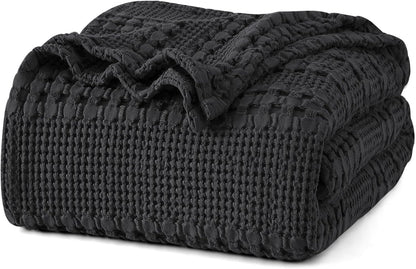 PHF 100% Cotton Waffle Weave Blanket Twin Size, Soft Lightweight Breathable Cozy Summer Blankets for Bed, Luxury Aesthetic Woven Bedding for Home Decor, 66"x90", Black