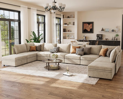 198.6" Oversized Modular Sectional Sofa, U Shaped Convertible Couch with Movable Ottoman, Large 10 Seats Corner Couches for Living Room Deep Seat Beige Chenille