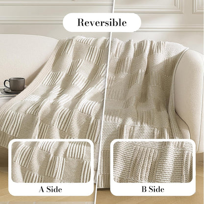 Amélie Home Chenille Knit Throw Blanket for Couch, Checkered Texture Decorative Soft Blanket for Sofa, Bed & Living Room, 50"x60", Khaki & White
