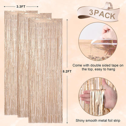 3 Pack 3.3 x 8.2 ft Laser Champagne Foil Fringe Backdrop Curtains, Tinsel Streamers Birthday Party Decorations, Fringe Backdrop for Graduation, Baby Shower, Gender Reveal, Disco Party