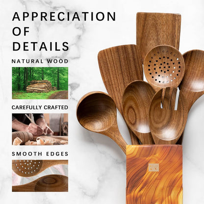 Wooden Spoons for Cooking, Nonstick Cooking Utensil Set with 7 Piece Acacia Wooden Spatulas and Spoons for Cooking, Terrific for Everyday Kitchen Tasks