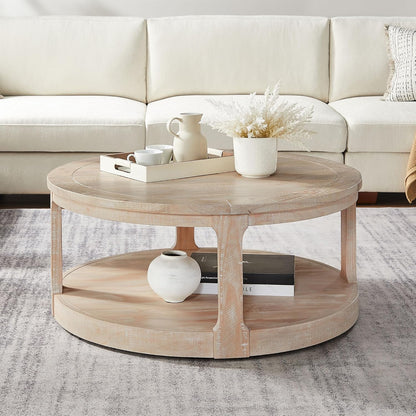 WILLIAMSPACE 40" Round Coffee Table with Wheels, Circle 2 Tier Solid Wood Center Coffee Table, Mid Century Retro Farmhouse Rounded End Table for Living Room Apartment, ø40 x 17.52" H (Oak)