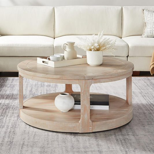 WILLIAMSPACE 40" Round Coffee Table with Wheels, Circle 2 Tier Solid Wood Center Coffee Table, Mid