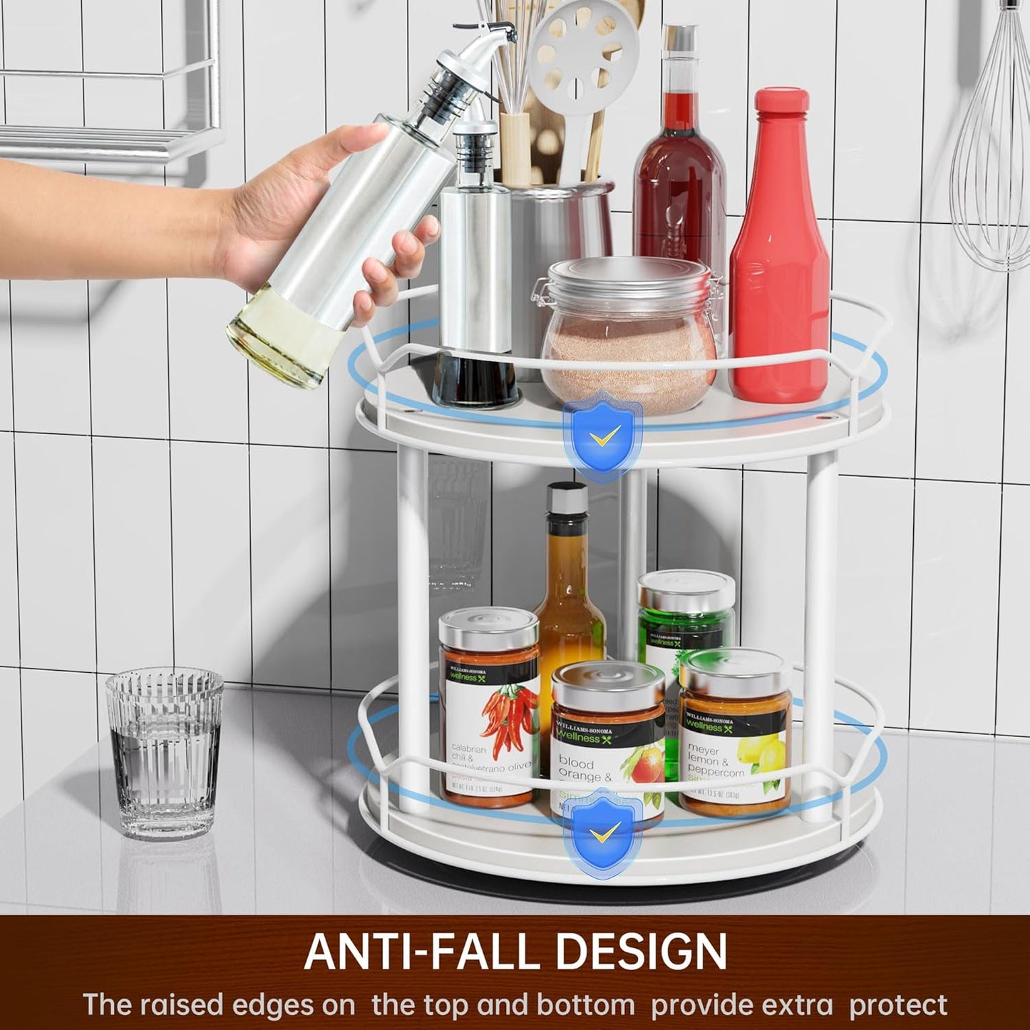 Lazy Susan Organizer 2 Tier - 9.2" Turntable Spice Rack for Table Top, Wooden Rotating Lazy Susan for Cabinet Pantry Kitchen Countertop Dining Table Cupboard Bathroom Vanity Storage(White)