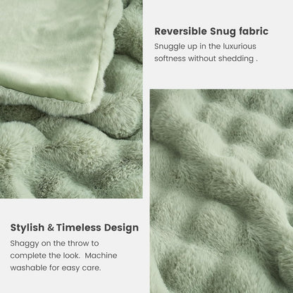 Cozy Bliss Faux Fur Throw Blanket for Couch, Fuzzy Soft Plush Thick Bubble Blanket for Sofa Bedroom Living Room, 60 * 80 Inches Sage Green