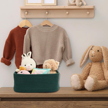 Small Woven Storage Baskets 13“X9”X5“ Decorative Rope Bins for Organizing Shelves, Closets, and Toys, Empty Gift Baskets, Cute Organizer Basket for Home and Office (dark green, Large)