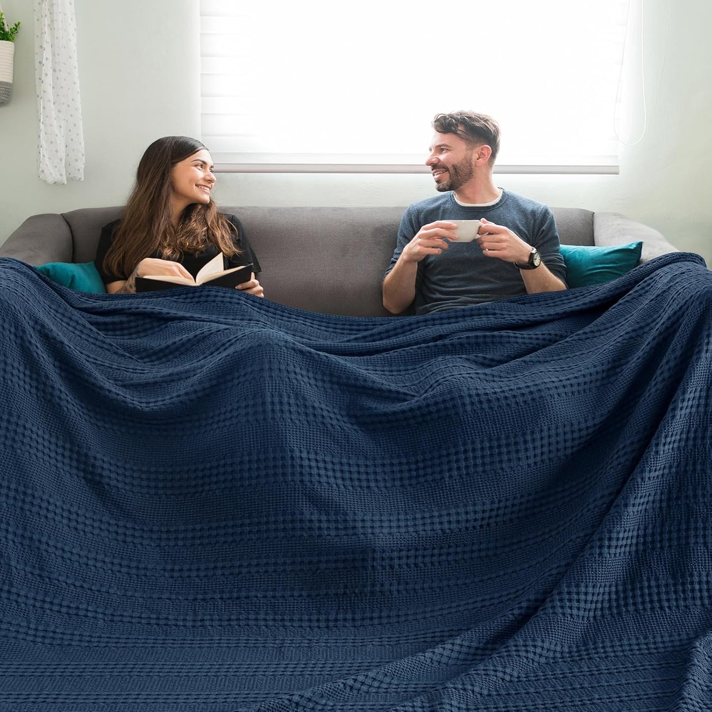 PHF Cooling Waffle Blanket California King Size, Lightweight 60% Rayon Derived from Bamboo & 40% Cotton Breathable Blanket for Hot Sleepers, Soft and Luxury for Bed Couch and Sofa, 110"x96", Navy Blue