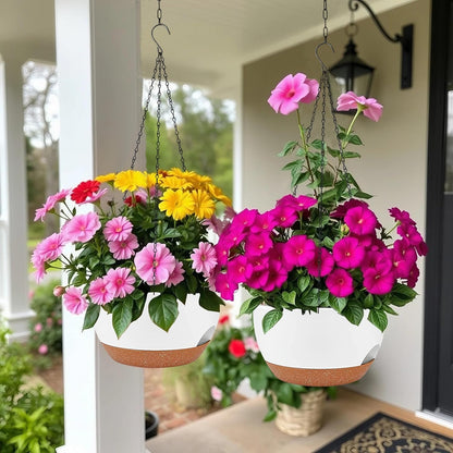 2 Pack Hanging Planters for Indoor Outdoor Plants, 12 Inch Self Watering Hanging Pot with Drainage Holes and Saucer, Plastic Plant Pots, White Brown Flower Pots for Kitchen, Balcony, Garden