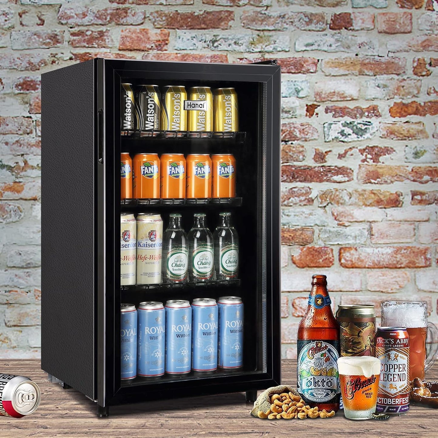 WANAI Mini Fridge Cooler 125Cans Beverage Refrigerator Glass Door Beverage Cooler for Beers Wine Juicer Adjustable Shelves LED Lights for Home, Office or Bar