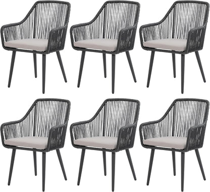 Patiorama Outdoor Dining Chairs, Patio Dining Chair Set of 6, All-Weather Woven Rope Rattan Chairs, Outdoor Dining Wicker Chairs with Armrests for Indoor Balcony Pool Backyard(Black)