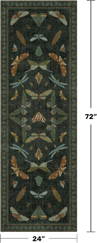 2x6 Entryway Runner Rug - Dark Green Kitchen Runners, Insect Floral Indoor Floor Décor, Washable Soft Non Slip with Rubber Backed