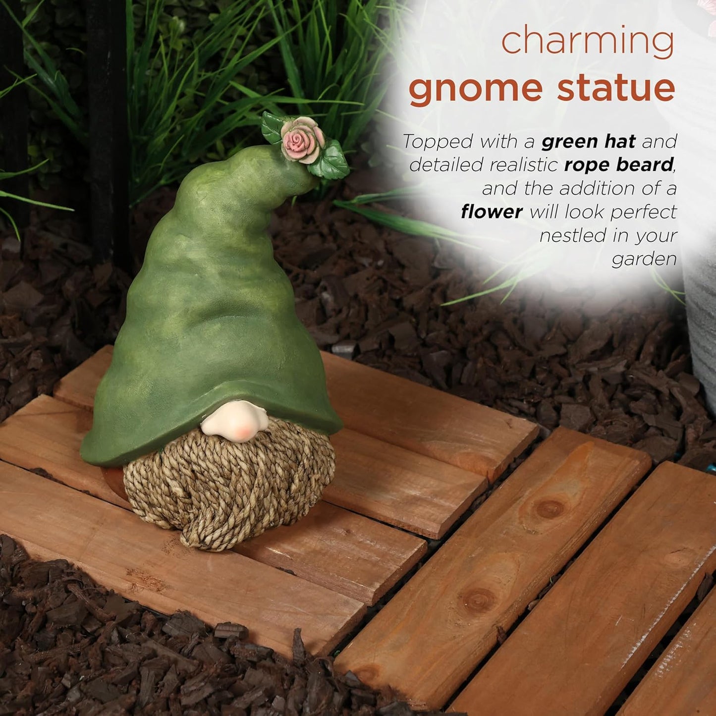 Alpine Corporation - 10" Tall Outdoor Garden Gnome Decor - Gnome Head with Rope Beard and Flower on Green Hat – Durable Lawn Scupture, Ideal for Patio, Deck, & Yard
