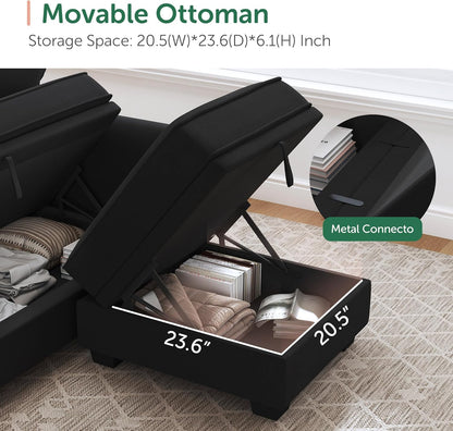 HONBAY Sectional Sofa with Storage Seat Velvet U Shaped Couch with Reversible Chaise Convertible Sectional Couches for Living Room,Black Velvet