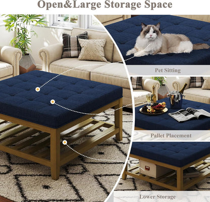 Large Square Ottoman Coffee Table, Linen Solid Upholstered Footrest Ottoman with Solid Wood Shelf Storage Tufted Coffee Table for Bedroom Living Room, Navy Blue