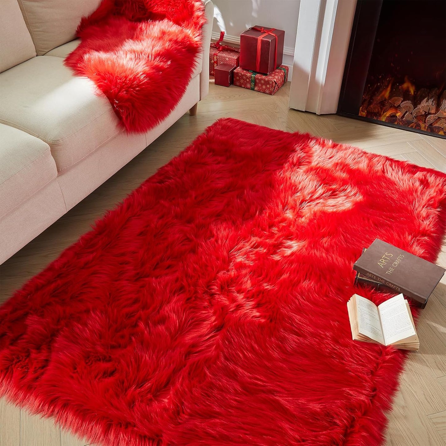 AMTOVO Faux Fur Sheepskin Rug for Living Room, 4 x 6 ft Red Fluffy Area Rug for Bedroom, Playroom, Luxury Room Decor, Rectangle