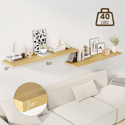 55" Floating Shelves for Wall, 12" Deep Slim Oak Floating Shelves, Wall-Mounted Shelves for Bedroom, Living Room, Kitchen, Bathroom - Set of 2
