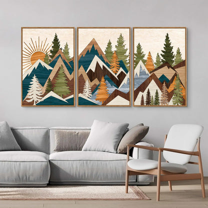 Tinonedraw Large Metal Mountain Framed Canvas Wall Art, Boho Rustic Sunrise Forest Wall Decor, 3 Piece Modern Nature Artwork, Vintage Wilderness Art Print for Living Room Bedroom Office 24"x36"x3