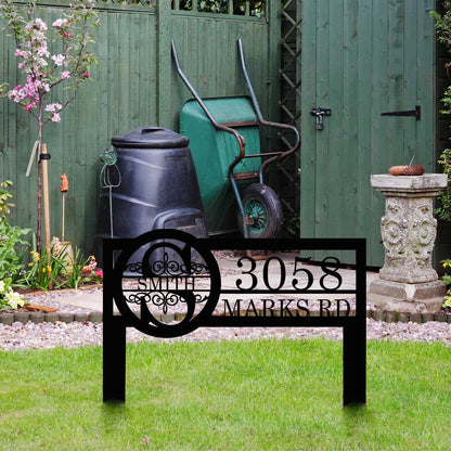 Personalized Metal Yard Address Sign with Last Name and Monogram, House Number Sign for Lawn and Patio