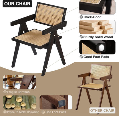 Cane Dining Chairs Set of 4, Rattan Kitchen Chairs Black for Dining Room with Armrest