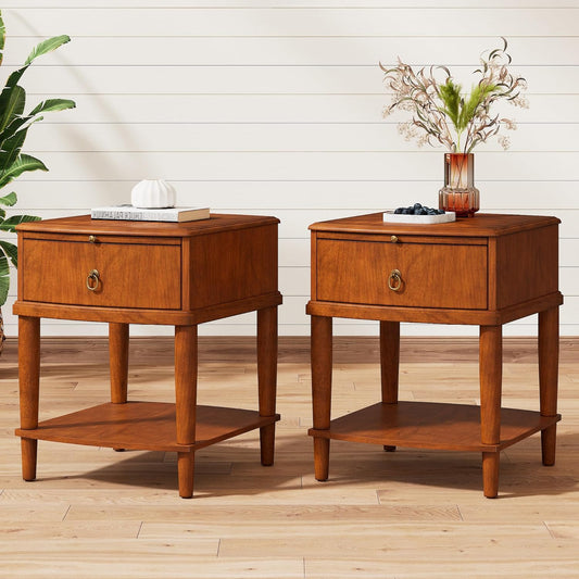 Set of 2 Solid Wood Square End Table with Drawer, 2 Tier Wooden Sofa Side Table with Sliding Shelf
