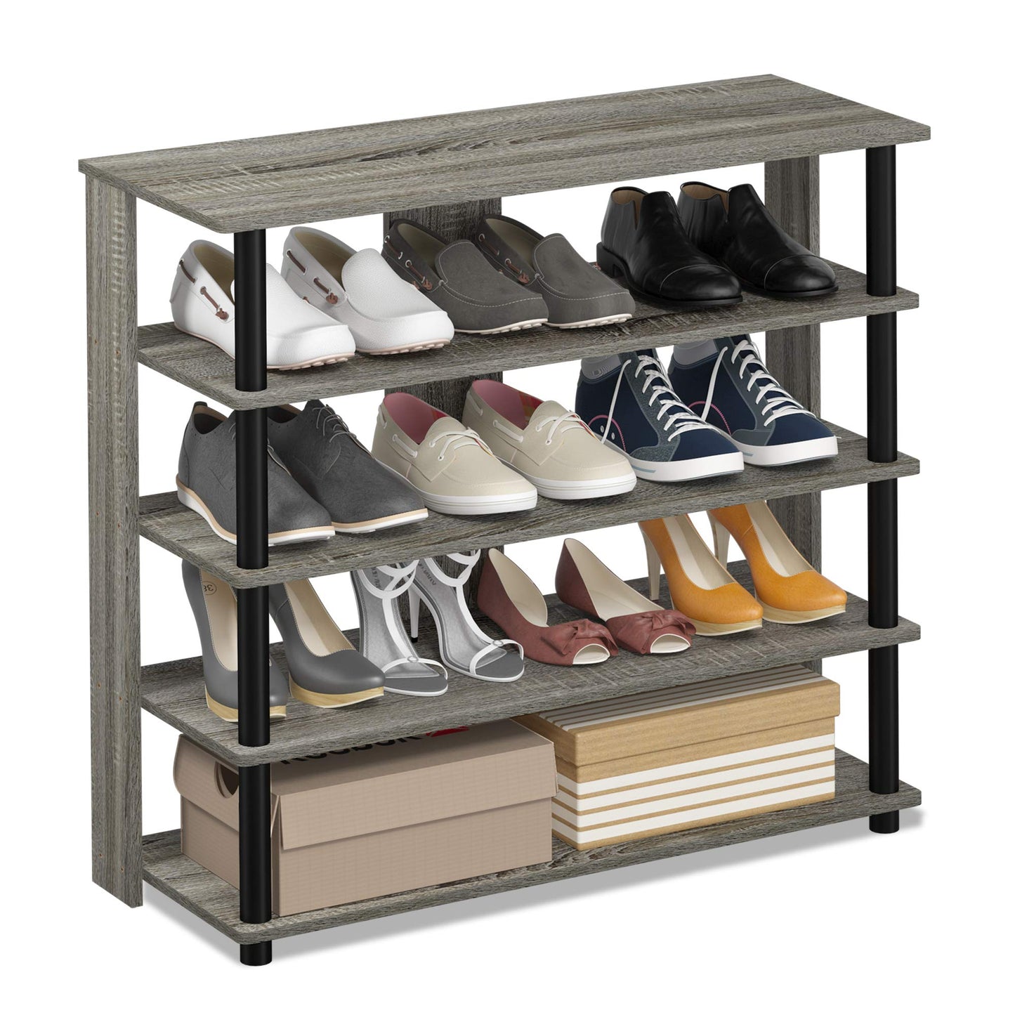 Furinno Turn-N-Tube Toolless Assembly 5-Tier Shoe Rack, Wide Vertical Shoe Organizer, Free Standing