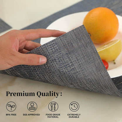 Leetaltree Denim Blue Placemats Set of 8 - Heat Resistant Non-Slip Place mats for Dining Table, Washable Durable PVC Vinyl Woven Table Mats（Denim Blue, 8）